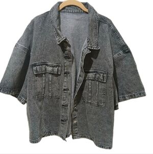 Casual Women's Half-Sleeved Grey Denim Jacket Size:XXL